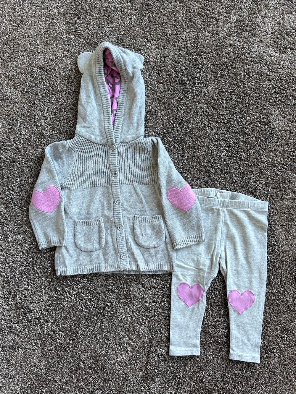 Button Up Sweater & Legging Set with Pink Heart Accents Size 12-18 months